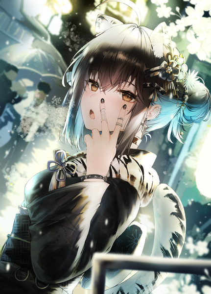 Anime picture 2299x3201 with original irene (kanniiepan) kanniiepan tall image looking at viewer blush fringe highres short hair open mouth black hair hair between eyes standing brown eyes animal ears tail nail polish traditional clothes japanese clothes animal tail