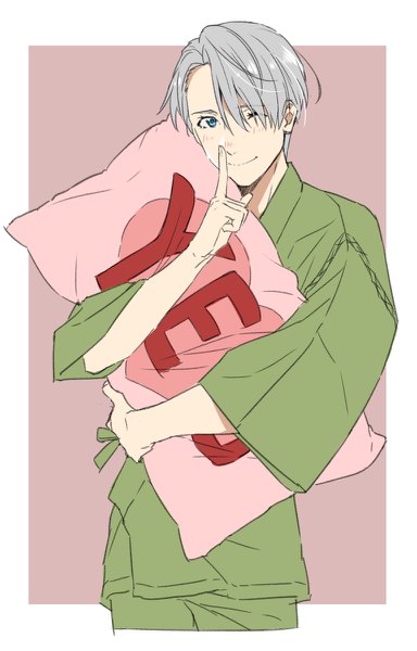 Anime picture 768x1200 with yuri!!! on ice mappa viktor nikiforov natsuko (bluecandy) single tall image looking at viewer short hair blue eyes simple background smile silver hair traditional clothes japanese clothes one eye closed wink border finger to mouth outside border pillow hug