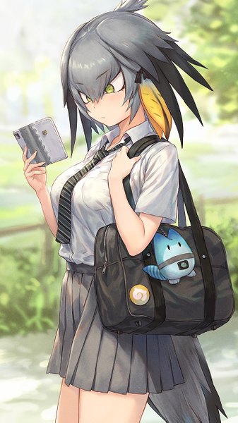 Anime picture 700x1245 with kemono friends shoebill (kemono friends) lucky beast (kemono friends) guchico single tall image blush fringe short hair breasts hair between eyes standing holding green eyes looking away outdoors tail animal tail pleated skirt grey hair