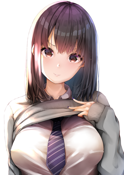 Anime picture 2508x3541 with original fay (fay axl) single long hair tall image looking at viewer blush fringe highres breasts light erotic black hair simple background large breasts white background brown eyes upper body nail polish head tilt fingernails