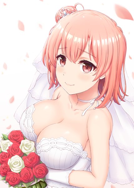 Anime picture 2220x3106 with yahari ore no seishun love comedy wa machigatteiru. brains base (studio) yuigahama yui inanaki shiki single tall image looking at viewer blush fringe highres short hair breasts light erotic simple background smile hair between eyes large breasts white background bare shoulders holding
