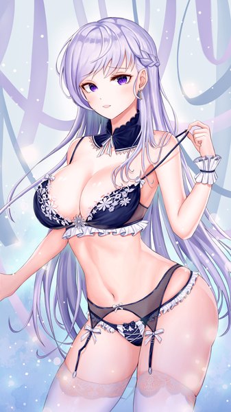 Anime picture 1000x1777 with azur lane belfast (azur lane) kottungyang single long hair tall image looking at viewer blush fringe breasts light erotic large breasts standing purple eyes cleavage silver hair braid (braids) parted lips underwear only frilled bra