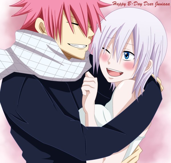 Anime picture 2000x1905 with fairy tail natsu dragneel lisanna strauss x-ray99 blush highres short hair open mouth blue eyes smile pink hair white hair eyes closed one eye closed wink couple hug grin coloring girl