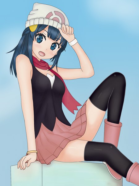 Anime picture 1536x2048 with pokemon pokemon (game) pokemon dppt nintendo dawn (pokemon) mout single long hair tall image looking at viewer fringe open mouth blue eyes simple background smile sitting bare shoulders blue hair bent knee (knees) head tilt