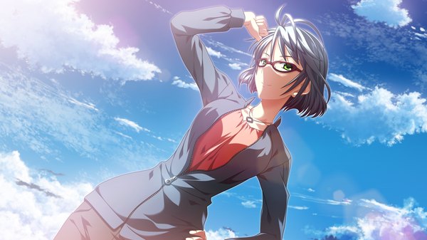 Anime picture 1280x720 with supipara nanao naru blush short hair wide image green eyes game cg cloud (clouds) grey hair girl glasses