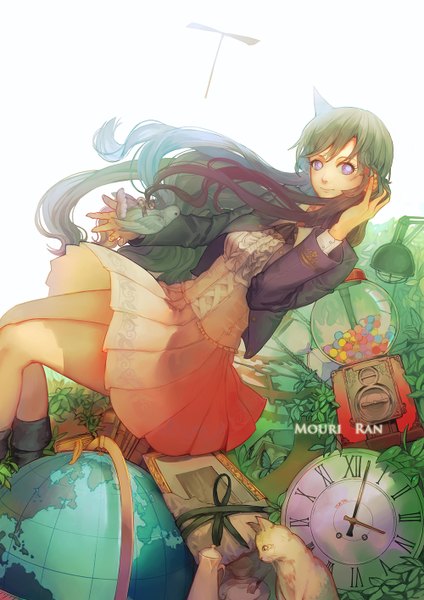 Anime picture 1000x1414 with detective conan ran mouri hoshimawa single long hair tall image looking at viewer fringe smile brown hair purple eyes pleated skirt girl skirt ribbon (ribbons) plant (plants) animal boots bird (birds) cat