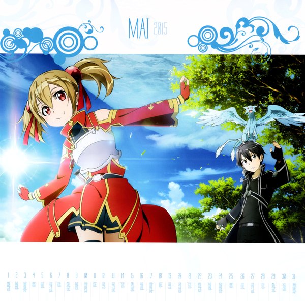 Anime picture 7037x6949 with sword art online a-1 pictures kirigaya kazuto silica pina (sao) looking at viewer highres short hair black hair smile red eyes brown hair twintails absurdres black eyes scan official art short twintails calendar 2015 girl