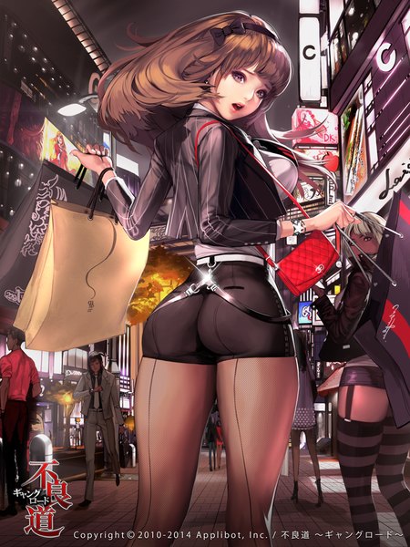 Anime picture 750x1000 with furyou michi ~gang road~ nightmadness long hair tall image looking at viewer open mouth light erotic brown hair ass looking back from behind city girl thighhighs pantyhose shorts striped thighhighs people