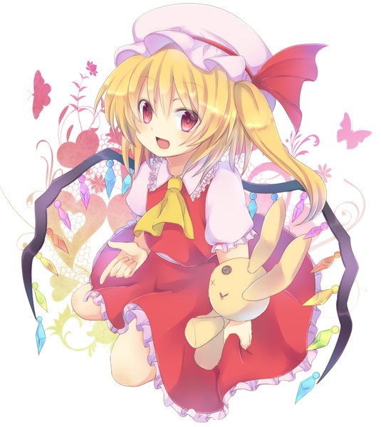 Anime picture 947x1062 with touhou flandre scarlet rento (rukeai) single tall image looking at viewer blush fringe short hair open mouth simple background blonde hair hair between eyes red eyes white background :d one side up girl wings heart