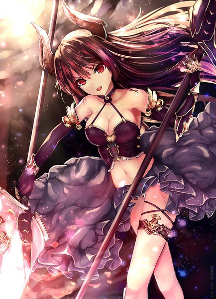 Anime picture 800x1105 with shingeki no bahamut granblue fantasy forte (shingeki no bahamut) chao wu xing xian single long hair tall image fringe breasts open mouth light erotic hair between eyes red eyes brown hair large breasts standing bare shoulders holding cleavage horn (horns)