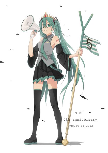 Anime picture 1289x1821 with vocaloid hatsune miku himano (artist) single long hair tall image blush simple background white background twintails bare shoulders holding green eyes nail polish pleated skirt green hair wind inscription shadow tattoo