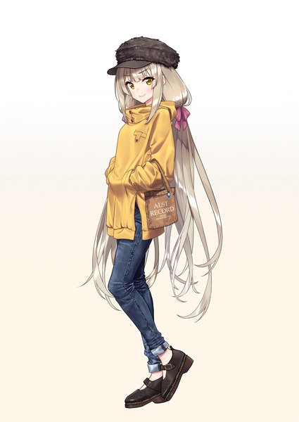 Anime picture 2507x3541 with xenoblade xenoblade 2 nia (xenoblade) baffu single long hair tall image looking at viewer blush fringe highres simple background smile standing twintails yellow eyes payot full body grey hair alternate costume