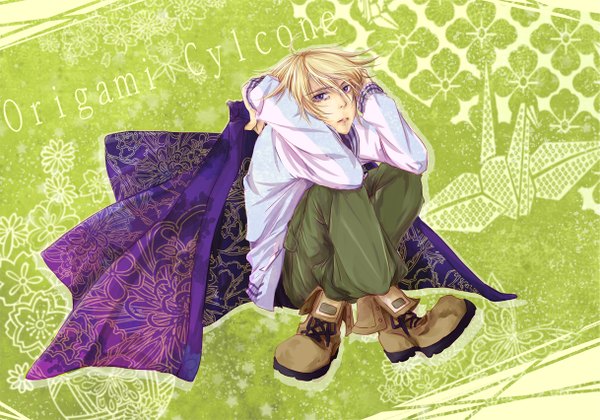 Anime picture 1217x852 with tiger & bunny sunrise (studio) ivan karelin asami (artist) single short hair blonde hair sitting purple eyes boy jacket boots pants origami