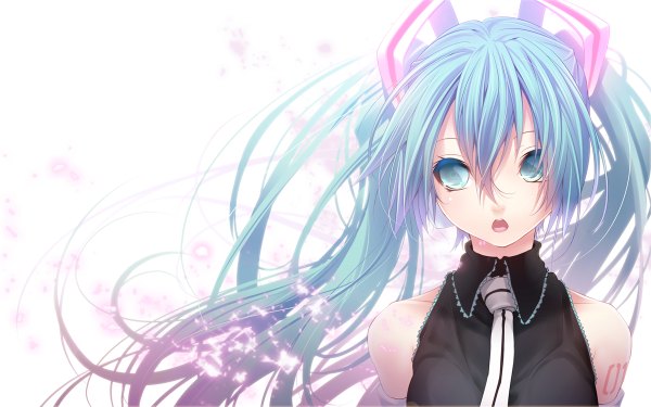 Anime picture 1200x750 with vocaloid hatsune miku nilitsu single long hair open mouth simple background wide image white background twintails bare shoulders aqua eyes aqua hair girl