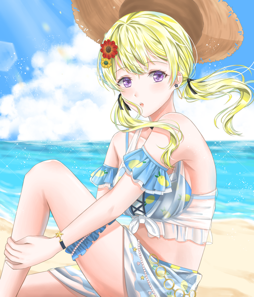 Anime picture 1200x1400 with bang dream! shirasagi chisato lapia single long hair tall image blush fringe breasts open mouth blonde hair sitting purple eyes twintails bare shoulders sky cloud (clouds) outdoors hair flower wind