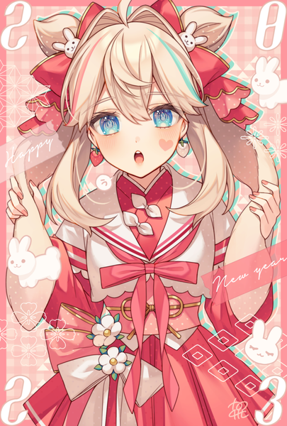 Anime picture 1000x1480 with original karokuchitose single long hair tall image looking at viewer fringe blue eyes blonde hair hair between eyes animal ears :o bunny ears new year happy new year 2023 girl bow hair bow earrings