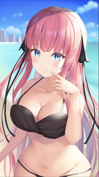 Anime picture 1242x2208 with go-toubun no hanayome nakano nino hiyoko (kokeko) single long hair tall image looking at viewer blush fringe breasts blue eyes light erotic smile large breasts standing bare shoulders pink hair sky cloud (clouds) outdoors