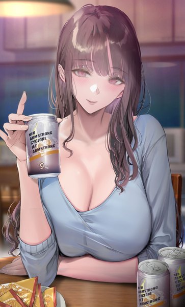 Anime-Bild 2117x3500 mit original gentsuki single long hair tall image looking at viewer blush fringe highres breasts open mouth light erotic smile red eyes brown hair large breasts sitting holding cleavage indoors