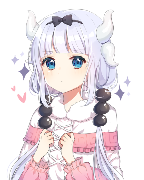 Anime picture 800x1000 with kobayashi-san chi no maidragon kyoto animation kanna kamui moffle (ayabi) single long hair tall image looking at viewer blush fringe blue eyes simple background white background twintails payot silver hair upper body blunt bangs horn (horns) low twintails