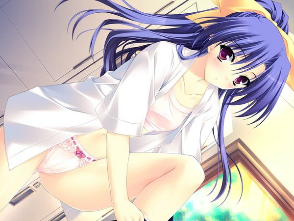 Anime picture 1024x768 with sakura bitmap (game) long hair light erotic purple eyes blue hair game cg ponytail girl underwear panties
