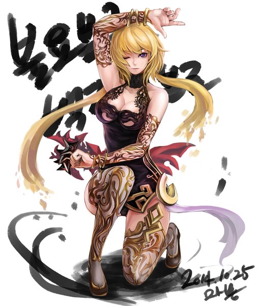 Anime picture 893x1050 with blade & soul mappung-gun (mhg0106) single long hair tall image breasts light erotic blonde hair white background purple eyes bare shoulders signed one eye closed wink kneeling girl dress bracelet