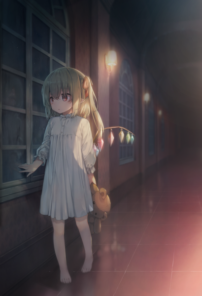 Anime picture 800x1171 with touhou flandre scarlet shnva single tall image blush fringe short hair open mouth blonde hair hair between eyes red eyes holding looking away full body barefoot pointy ears blurry side ponytail light