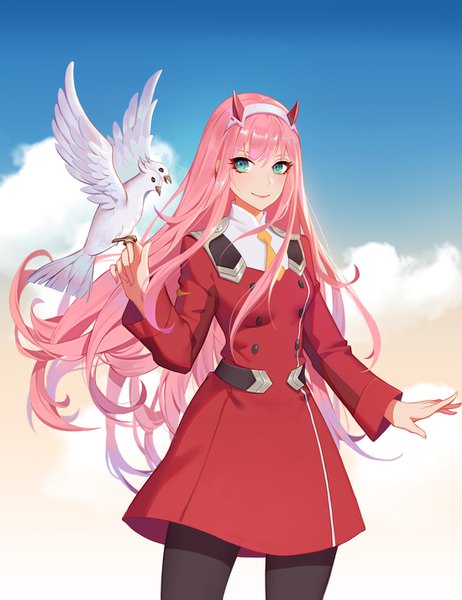 Anime picture 1100x1427 with darling in the franxx studio trigger zero two (darling in the franxx) duximeng single long hair tall image looking at viewer smile pink hair sky cloud (clouds) horn (horns) aqua eyes bird on hand girl uniform animal pantyhose black pantyhose