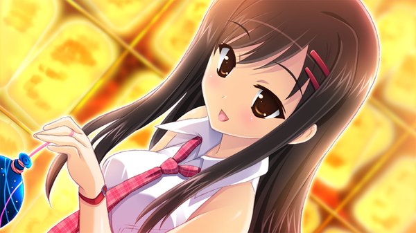 Anime picture 1024x576 with love-bride eve single long hair open mouth black hair wide image brown eyes game cg girl