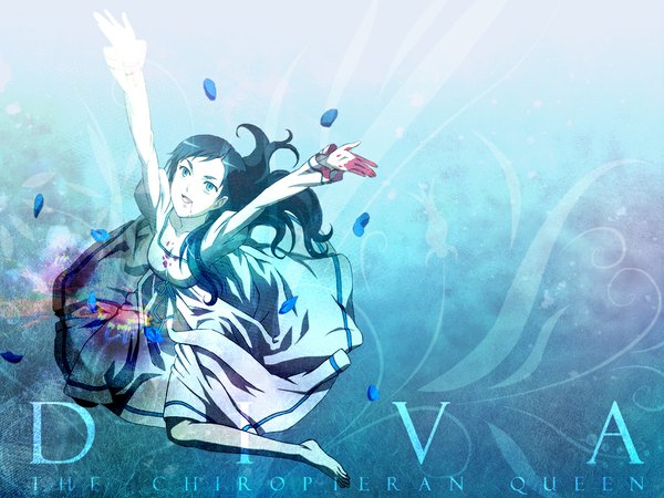 Anime picture 1024x768 with blood+ production i.g diva (blood+) single long hair blue eyes black hair barefoot girl dress white dress blood