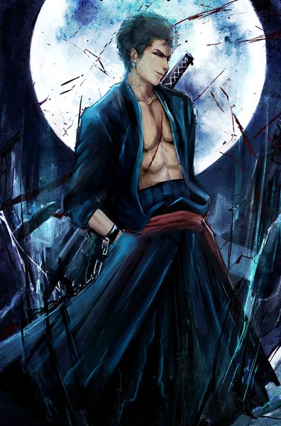 Anime picture 1200x1818 with one piece toei animation roronoa zoro d.p single tall image short hair open mouth green eyes green hair boy weapon earrings sword katana moon blood chain full moon