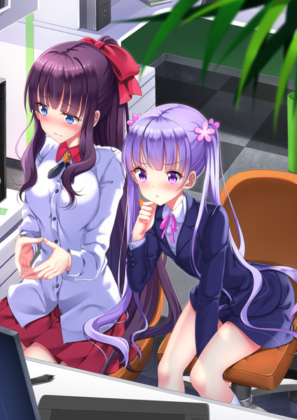 Anime picture 1102x1560 with new game! doga kobo suzukaze aoba takimoto hifumi swordsouls long hair tall image blush breasts blue eyes purple eyes twintails multiple girls looking away purple hair ponytail indoors pleated skirt hair flower from above