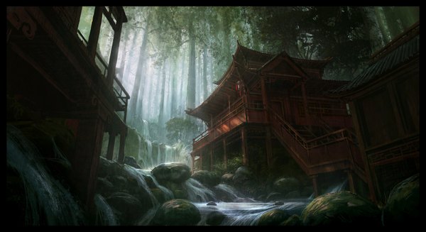 Anime picture 1500x818 with original andreewallin (artist) wide image sunlight letterboxed no people landscape scenic river waterfall plant (plants) tree (trees) water forest stone (stones) japanese house