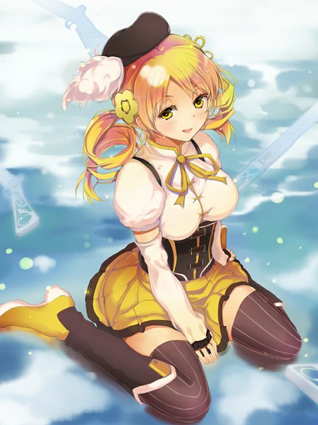 Anime picture 749x1000 with mahou shoujo madoka magica shaft (studio) tomoe mami hareno chiame (artist) single long hair tall image blush open mouth blonde hair sitting twintails yellow eyes zettai ryouiki low twintails drill hair wariza magical girl girl thighhighs