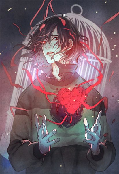 Anime picture 620x900 with deltarune kris saito yukihiro single tall image looking at viewer fringe short hair black hair hair between eyes red eyes upper body ahoge parted lips wind glowing striped glowing eye (eyes) popped collar boy