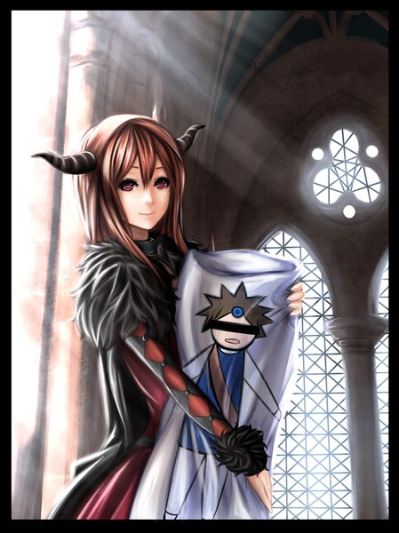 Anime picture 1498x2000 with maoyuu maou yuusha arms corporation maou (maoyuu) esg (essagna) single long hair tall image looking at viewer smile red eyes brown hair horn (horns) girl dress pillow dakimakura (object)