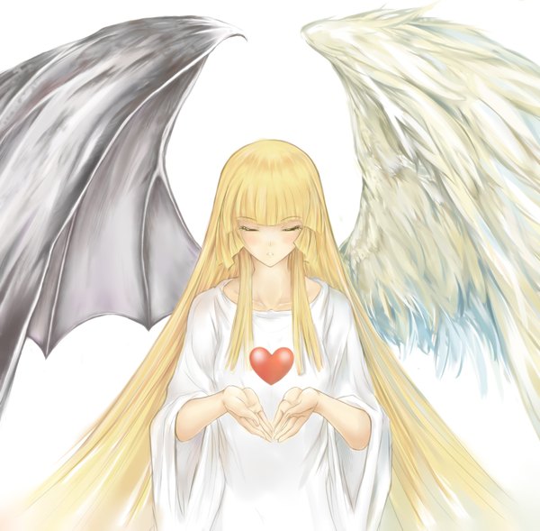 Anime picture 1476x1451 with yu-gi-oh! lancer0519 single long hair blush simple background blonde hair white background eyes closed girl dress wings heart white dress