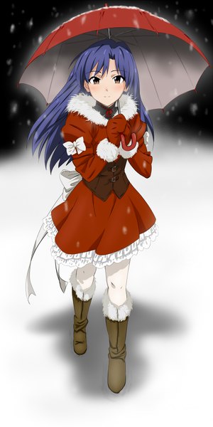 Anime picture 1000x2000 with idolmaster kisaragi chihaya ken (artist) single long hair tall image looking at viewer blush standing brown eyes blue hair light smile shadow snowing christmas winter snow girl bow umbrella