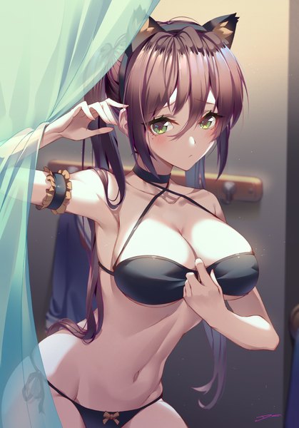 Anime picture 1618x2317 with original dreamcatcher single long hair tall image looking at viewer blush fringe breasts light erotic hair between eyes brown hair large breasts standing twintails bare shoulders green eyes signed animal ears payot
