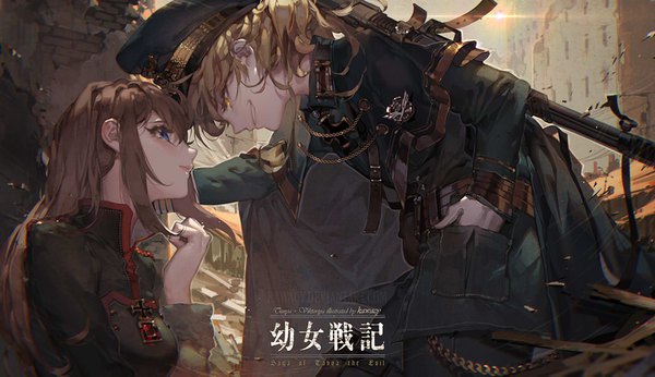 Anime picture 1024x591 with youjo senki tanya degurechaff viktoriya ivanovna serebryakov kawacy long hair fringe breasts blue eyes blonde hair smile brown hair wide image multiple girls yellow eyes profile face to face hand in pocket eye contact girl uniform