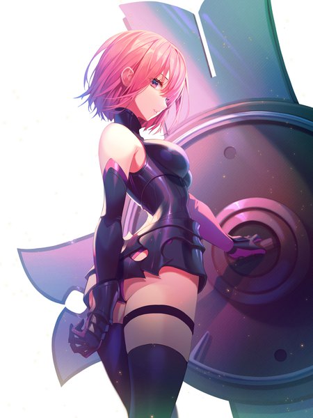 Anime picture 2877x3835 with fate (series) fate/grand order mash kyrielight peulopi single tall image looking at viewer fringe highres short hair breasts light erotic simple background standing white background purple eyes holding pink hair ass parted lips