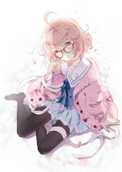 Anime picture 777x1099 with kyoukai no kanata kyoto animation kuriyama mirai domotolain single tall image looking at viewer blush short hair blonde hair sitting yellow eyes ahoge head tilt no shoes tears girl skirt uniform ribbon (ribbons)