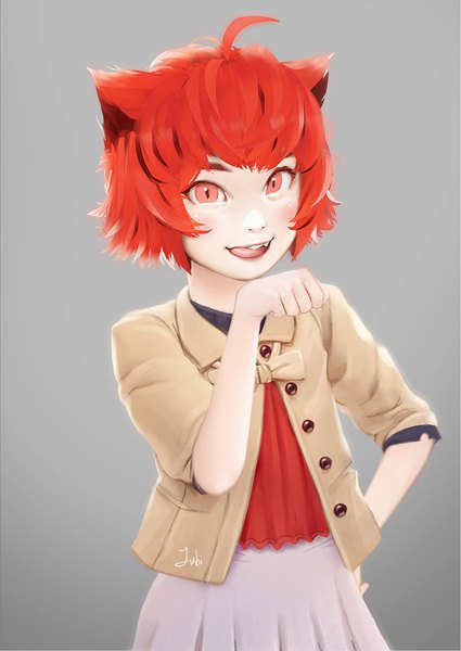 Anime-Bild 1292x1826 mit original milk (jubi) jubi (regiana) single tall image looking at viewer fringe short hair open mouth red eyes signed animal ears upper body ahoge red hair pleated skirt cat ears realistic grey background cat girl