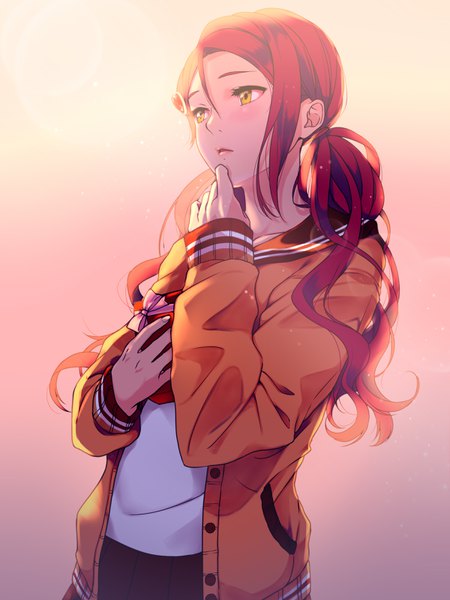 Anime picture 2400x3200 with love live! sunshine!! love live! school idol festival sunrise (studio) love live! sakurauchi riko kate iwana single long hair tall image highres twintails yellow eyes looking away upper body red hair low twintails alternate hairstyle valentine girl uniform