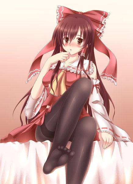 Anime picture 2550x3510 with touhou hakurei reimu zhou yu (ppaaqz1995) long hair tall image blush highres brown hair brown eyes no shoes legs girl bow hair bow detached sleeves pantyhose