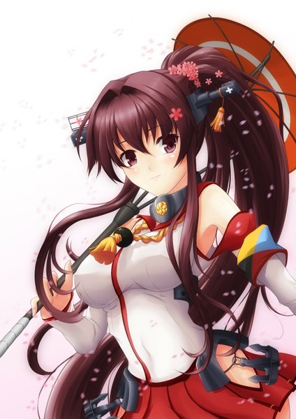 Anime picture 1060x1500 with kantai collection yamato super battleship ahsiu single tall image brown hair white background brown eyes ponytail very long hair girl hair ornament detached sleeves petals