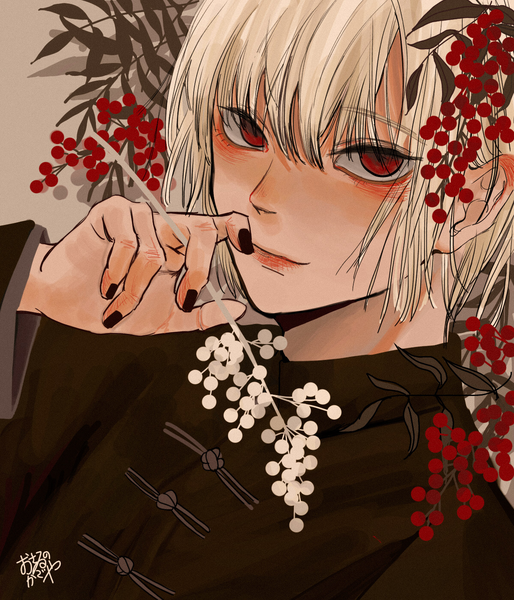 Anime picture 1200x1400 with original osaru no kagoya single tall image looking at viewer fringe short hair hair between eyes red eyes signed upper body white hair nail polish traditional clothes chinese clothes hand to mouth black nail polish boy food berry (berries)