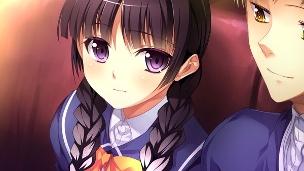 Anime picture 1280x720 with gensou douwa alicetale long hair black hair wide image purple eyes yellow eyes game cg braid (braids) girl boy uniform school uniform