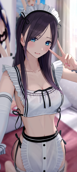 Anime picture 1295x2865 with original inaka 44 single long hair tall image looking at viewer blush fringe breasts open mouth blue eyes light erotic black hair standing nail polish arm up fingernails blurry mole midriff
