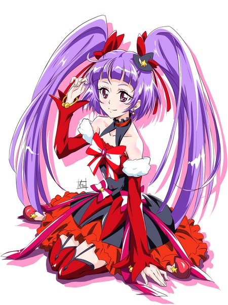 Anime picture 1536x2046 with precure mahou girls precure! toei animation izayoi riko cure magical nii manabu single long hair tall image fringe simple background smile white background sitting purple eyes twintails bare shoulders purple hair full body ahoge