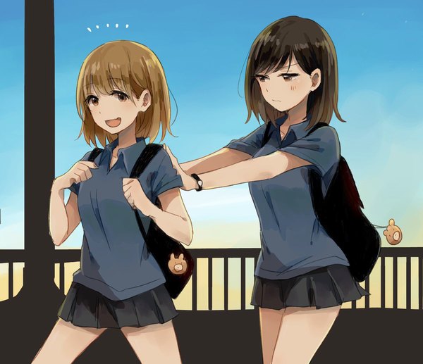 Anime picture 1200x1035 with original monsieur looking at viewer blush fringe short hair open mouth brown hair standing multiple girls brown eyes looking away sky outdoors :d pleated skirt pushing girl skirt 2 girls